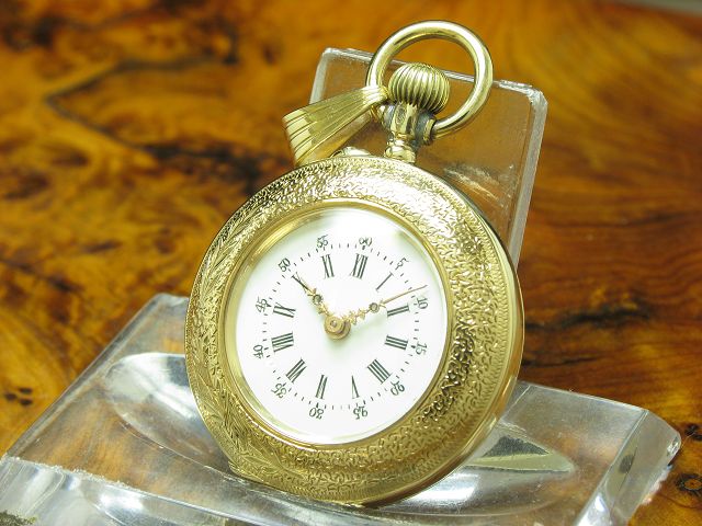 14kt 585 Gold Open Face Taschenuhr / Anhängeuhr / Durchmesser 29,5 mm