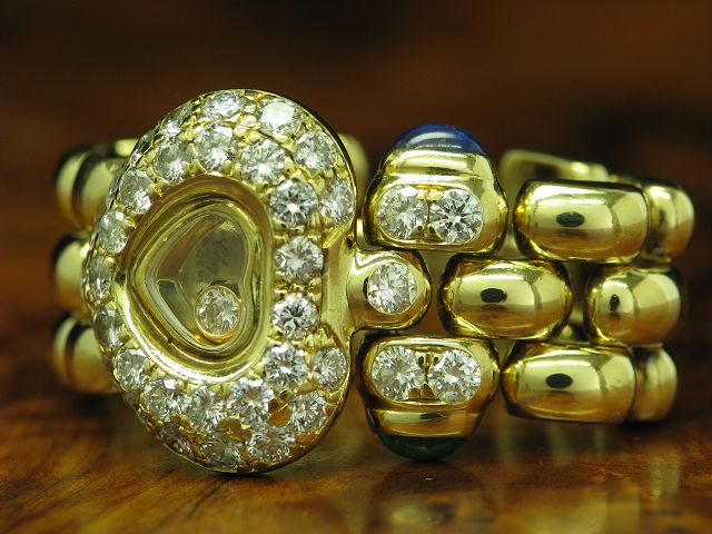 Chopard Happy Diamonds 18kt Gelbgold Ring mit 1,40ct Brillant, Saphir & Smaragd 