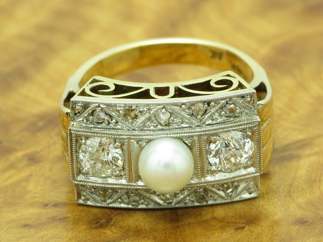 14kt 585 bicolor Gold Art-Decó Ring mit 0,90ct Brillant, 0,10ct Diamant & Perle